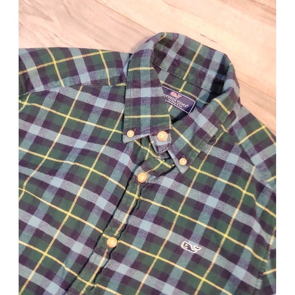 Vineyard Vines Flannel Shirt Mens M Grern Yellow Plaid  Button Down Long Sleeve